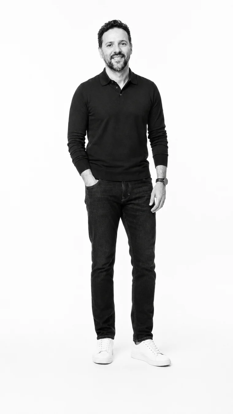 Daniel Pereira, full-length black-and-white portrait