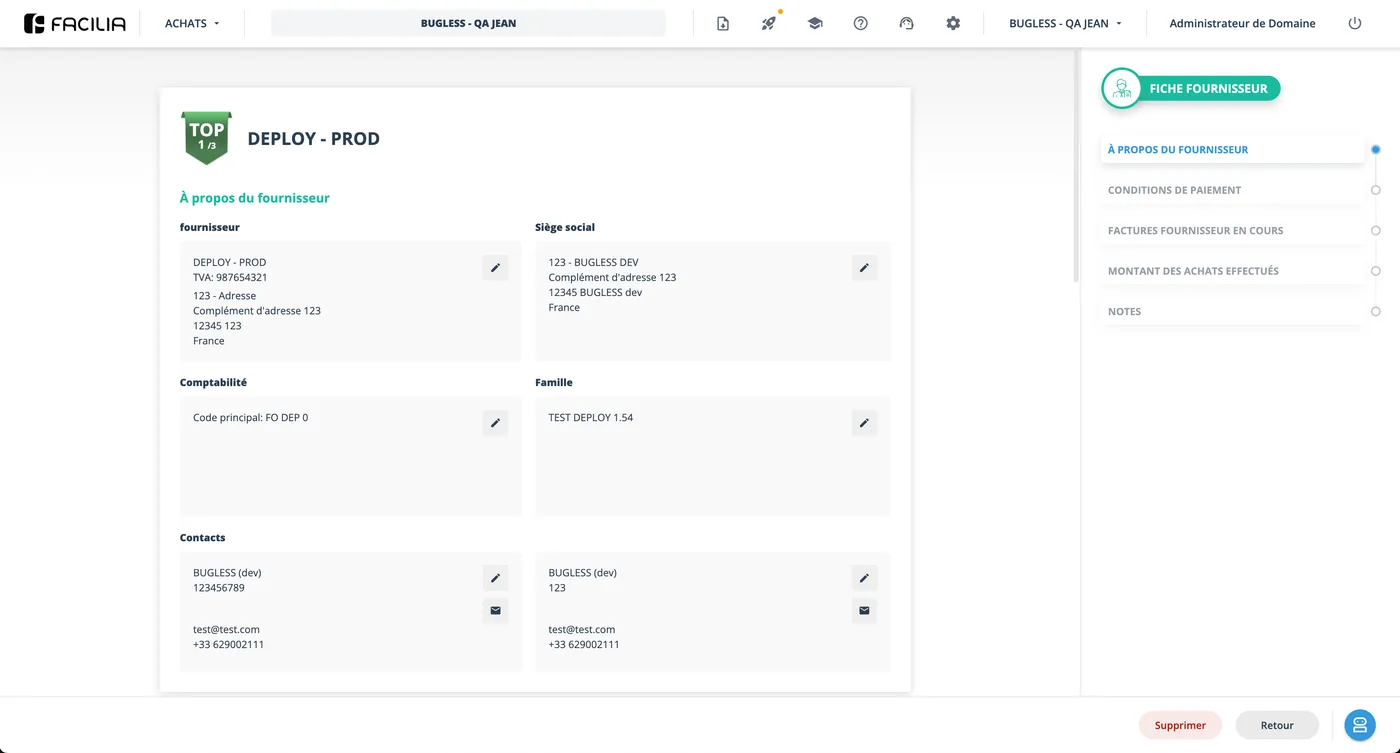 Supplier record (fiche fournisseur) screen