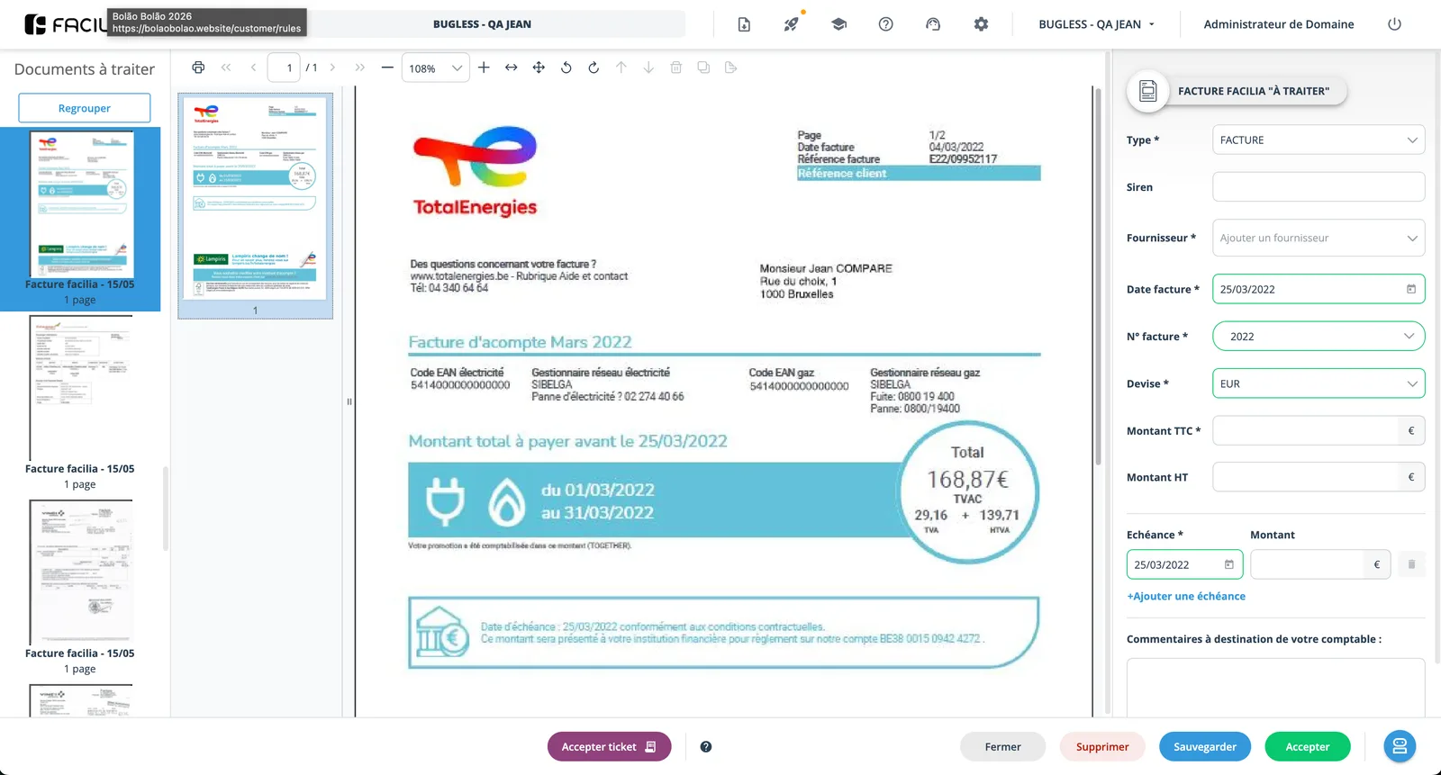 Invoice treatment screen: document side by side with OCR-extracted editable metadata