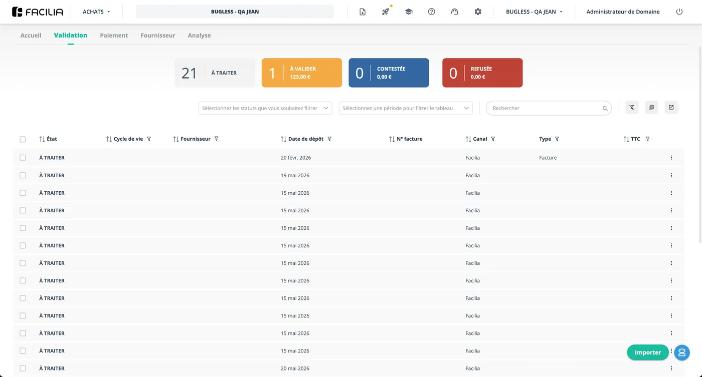 Validation section showing invoice states