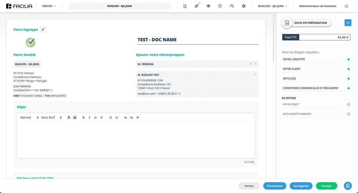 Quote creation form with visible required steps and progress