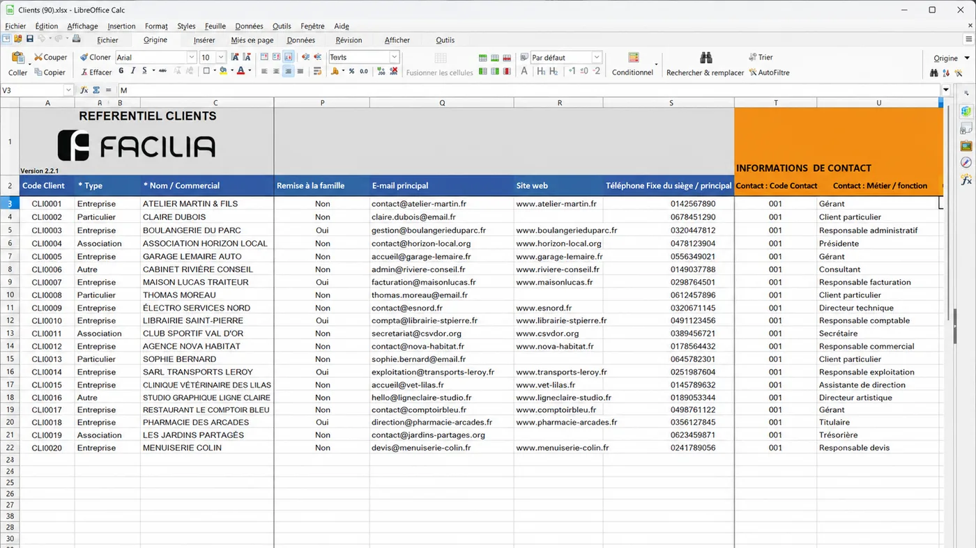 The standard Facilia import template open in LibreOffice, filled with sample client data