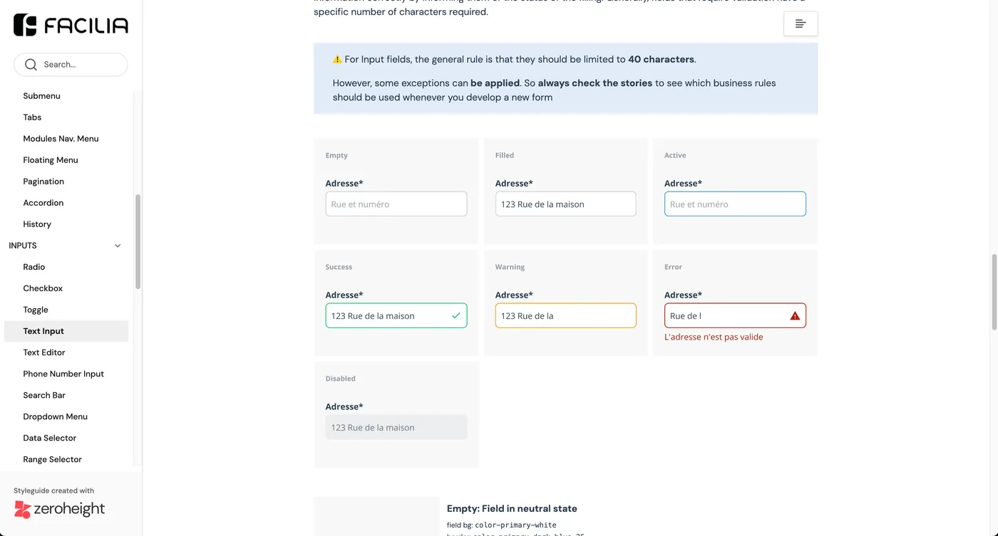 Text input states: empty, filled, active, success, warning, error, disabled, with token references