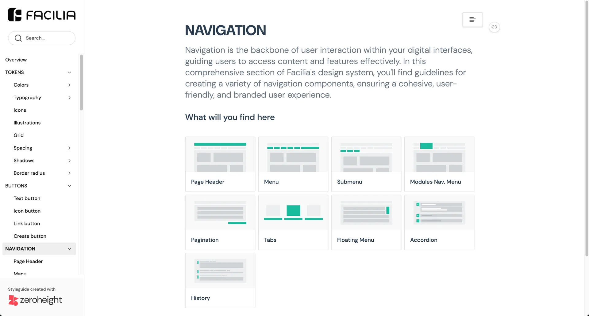Facilia design system in ZeroHeight: the Navigation section with its component catalogue
