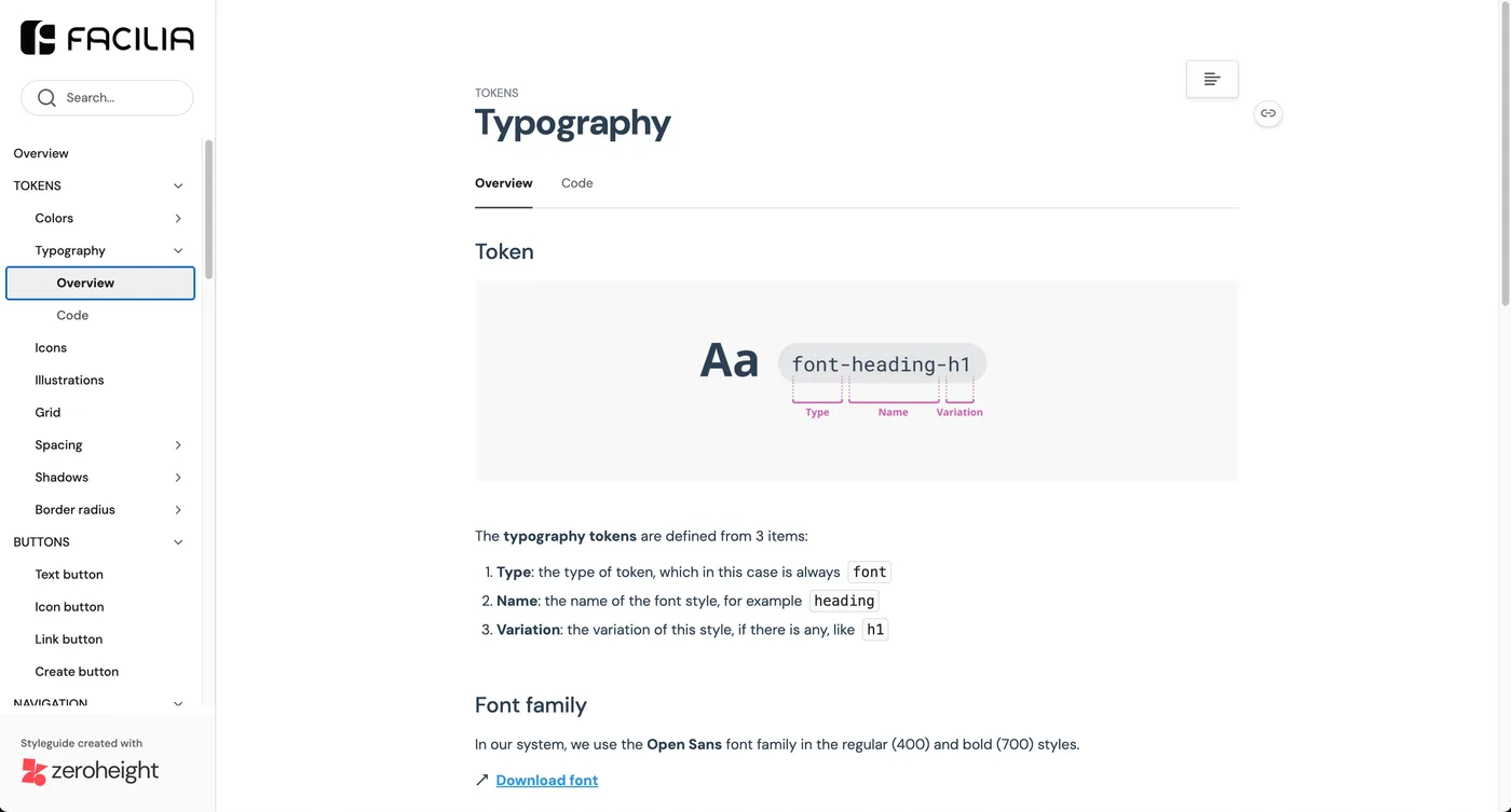 Typography token anatomy: Type, Name, Variation composing font-heading-h1