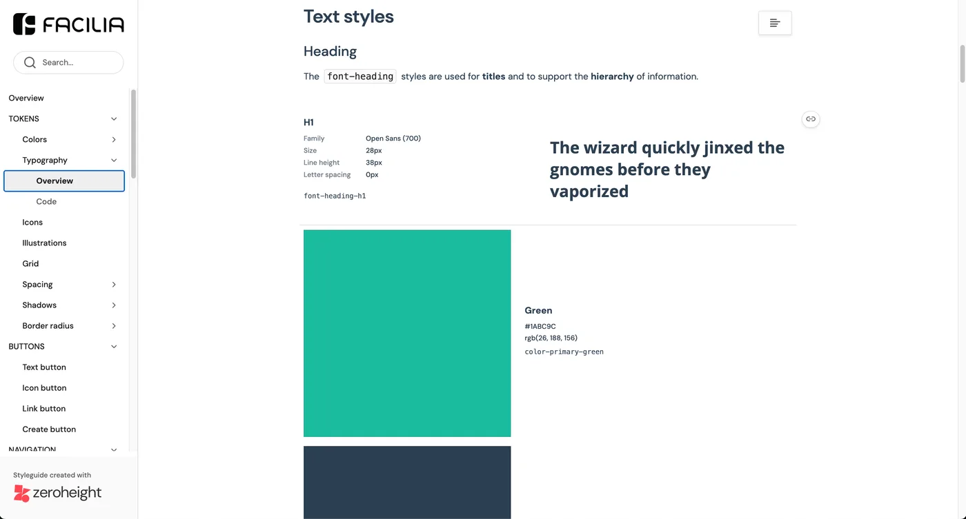 Text styles page: H1 full spec plus a color swatch named color-primary-green with hex and rgb
