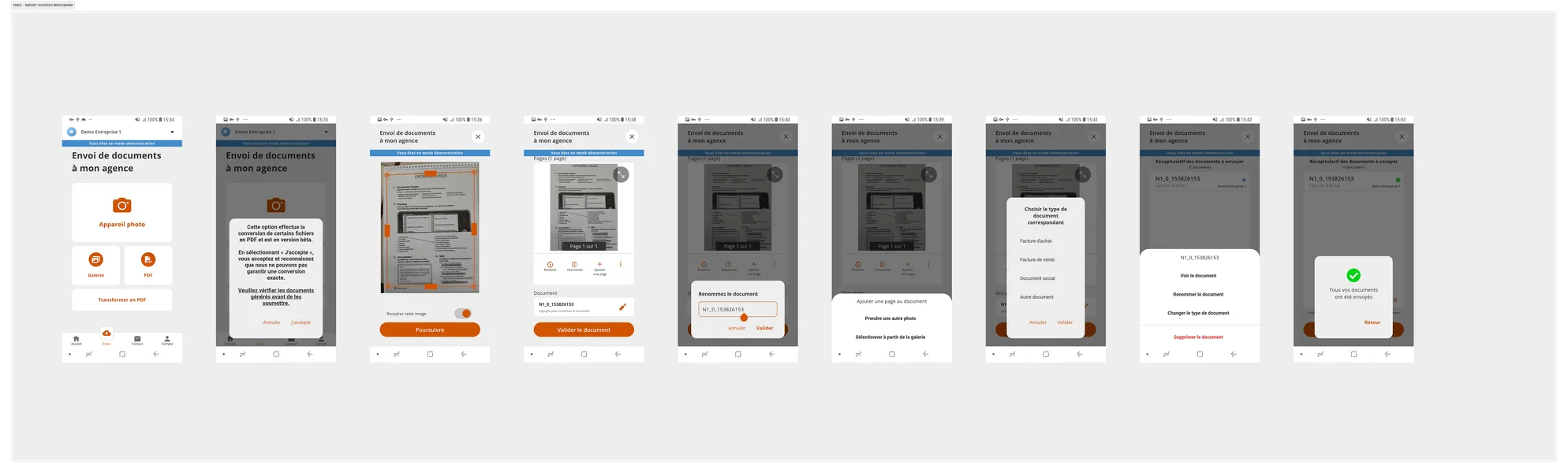 Benchmark board: FMEC document-import flow, screen by screen