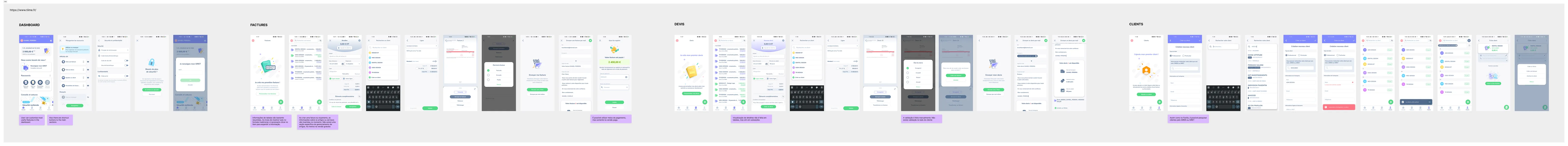 Benchmark board: Tiime mobile app flows grouped by section