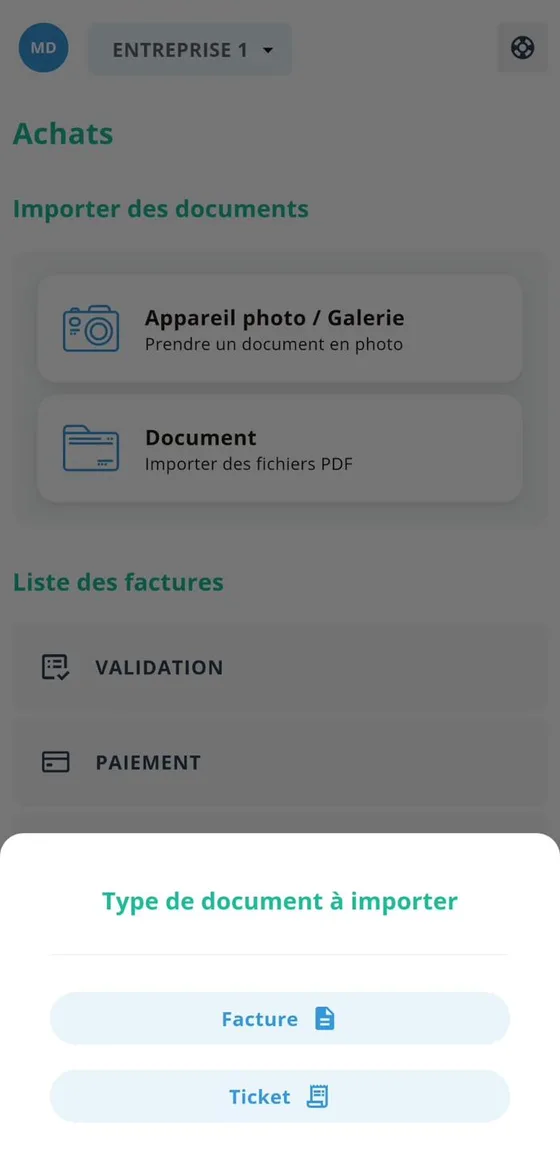 Bottom sheet: Type de document à importer: Facture or Ticket