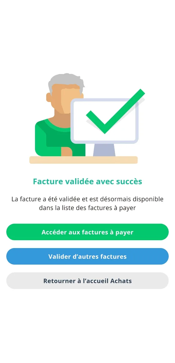Success screen: invoice validated, with three ordered next steps