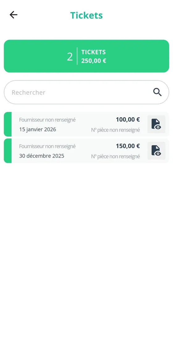 Tickets list with the imported documents, amount and date