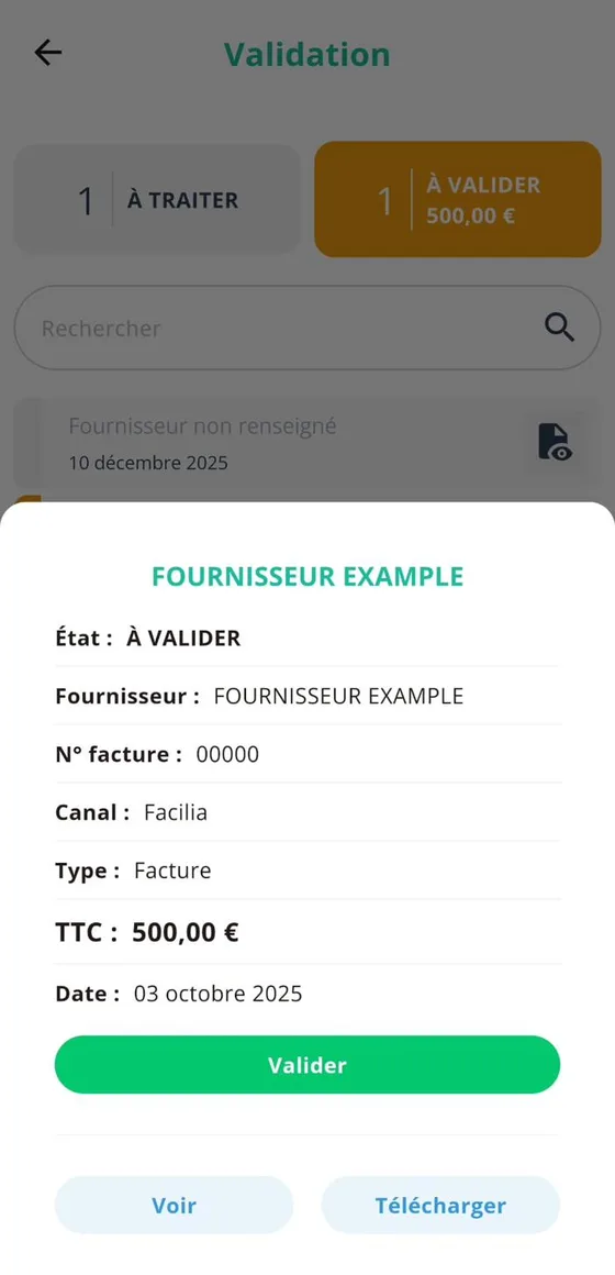 Invoice detail bottom sheet with metadata and a Validate action, plus View and Download