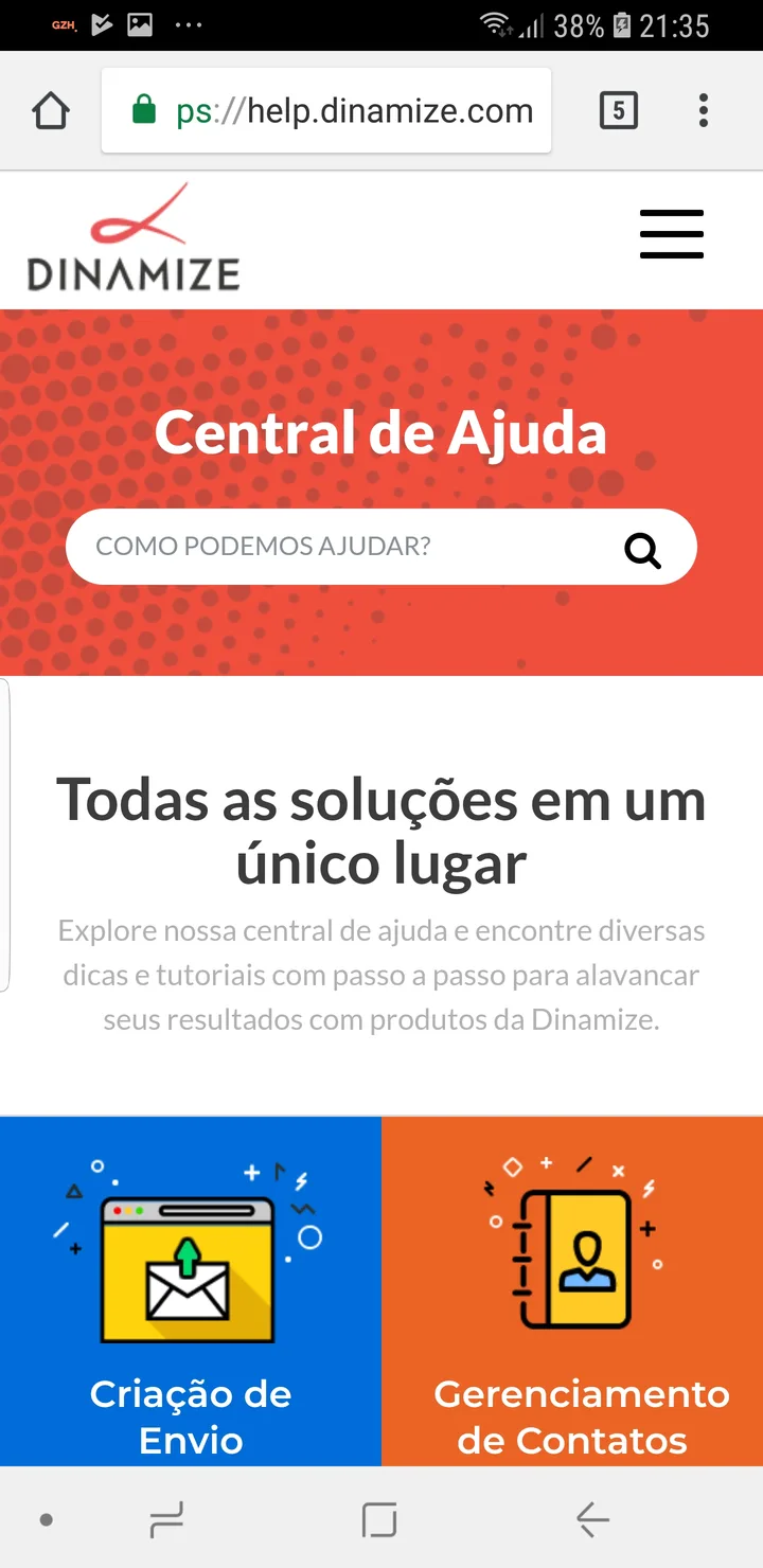 Dinamize help center on mobile