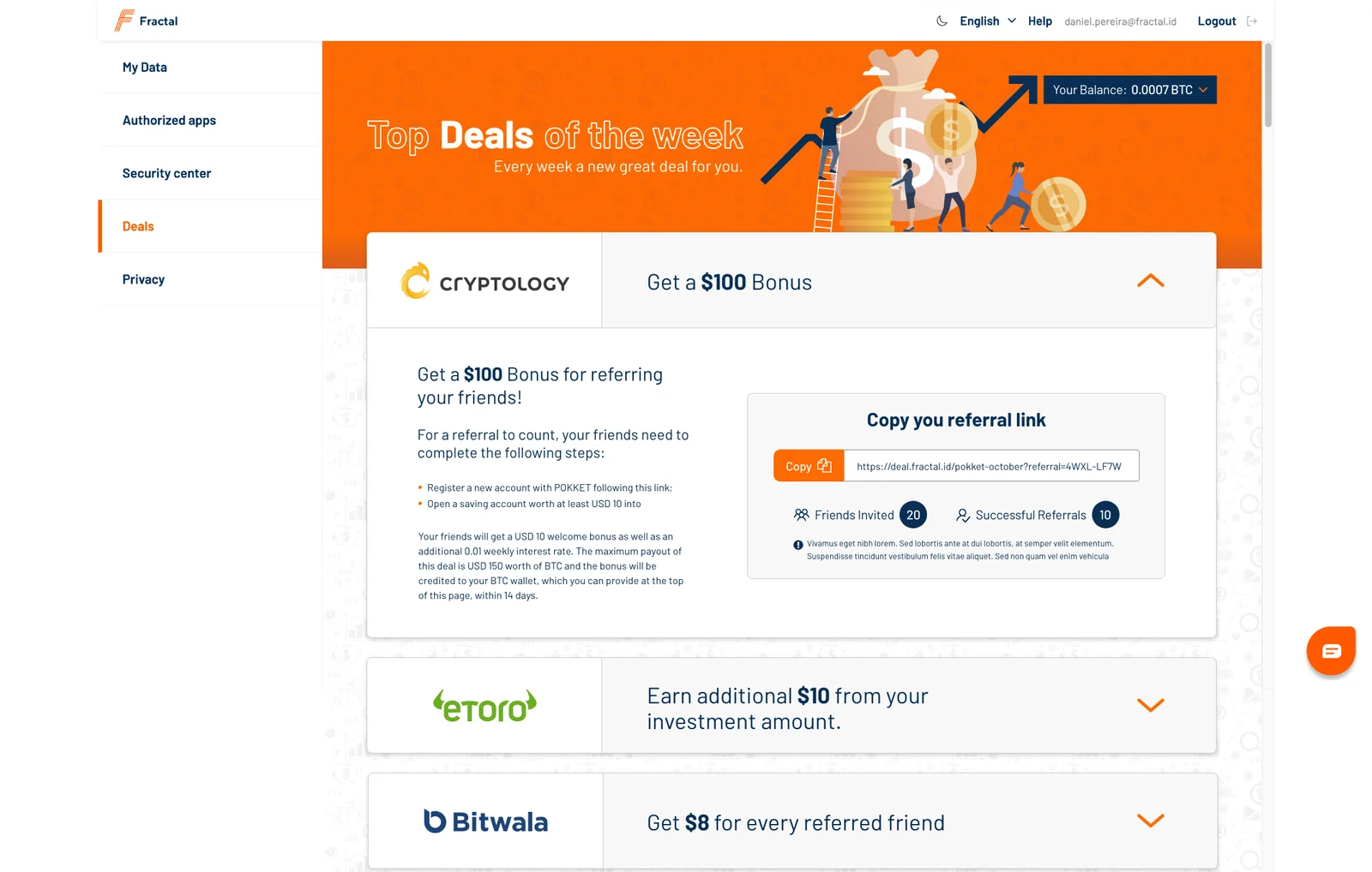 A deal expanded on the Fractal deals page, showing the referral steps, a copy-able referral link, and progress on friends invited and successful referrals