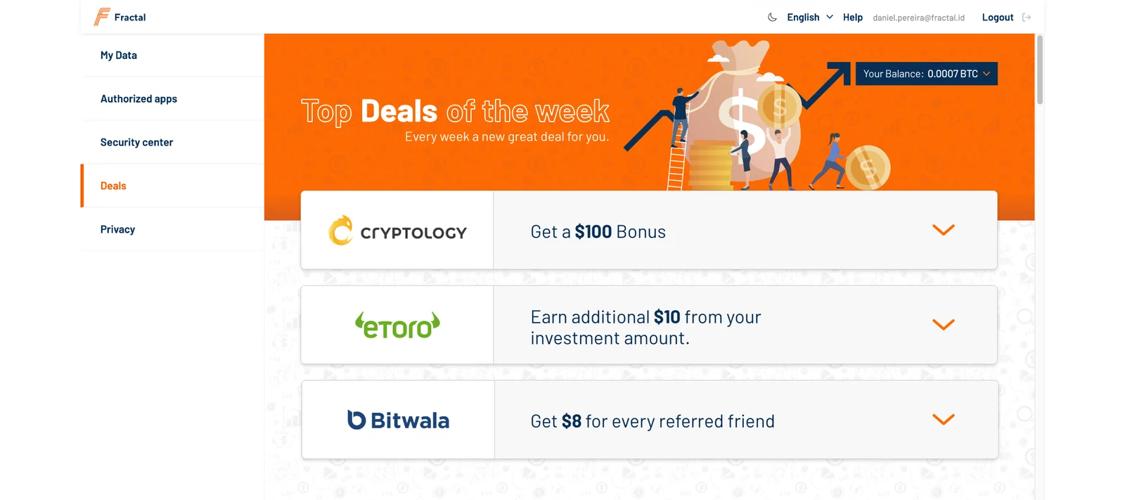 Fractal Deals page: a weekly rewards programme with partner offers, referral bonuses and a balance paid out to a BTC wallet