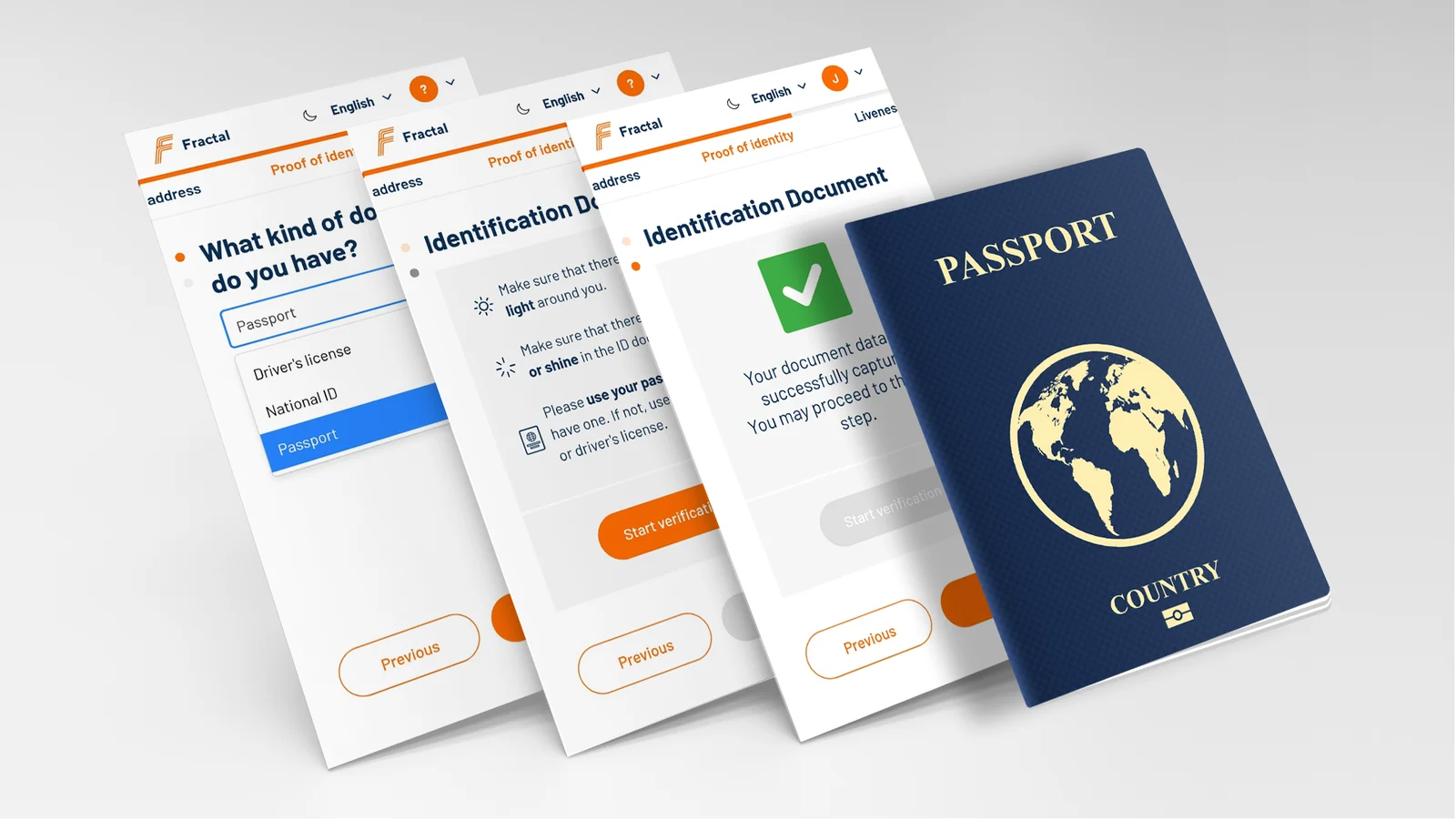 Concept render of the Fractal ID verification flow: the identity screens fanned out beside a passport, in the brand's navy and orange