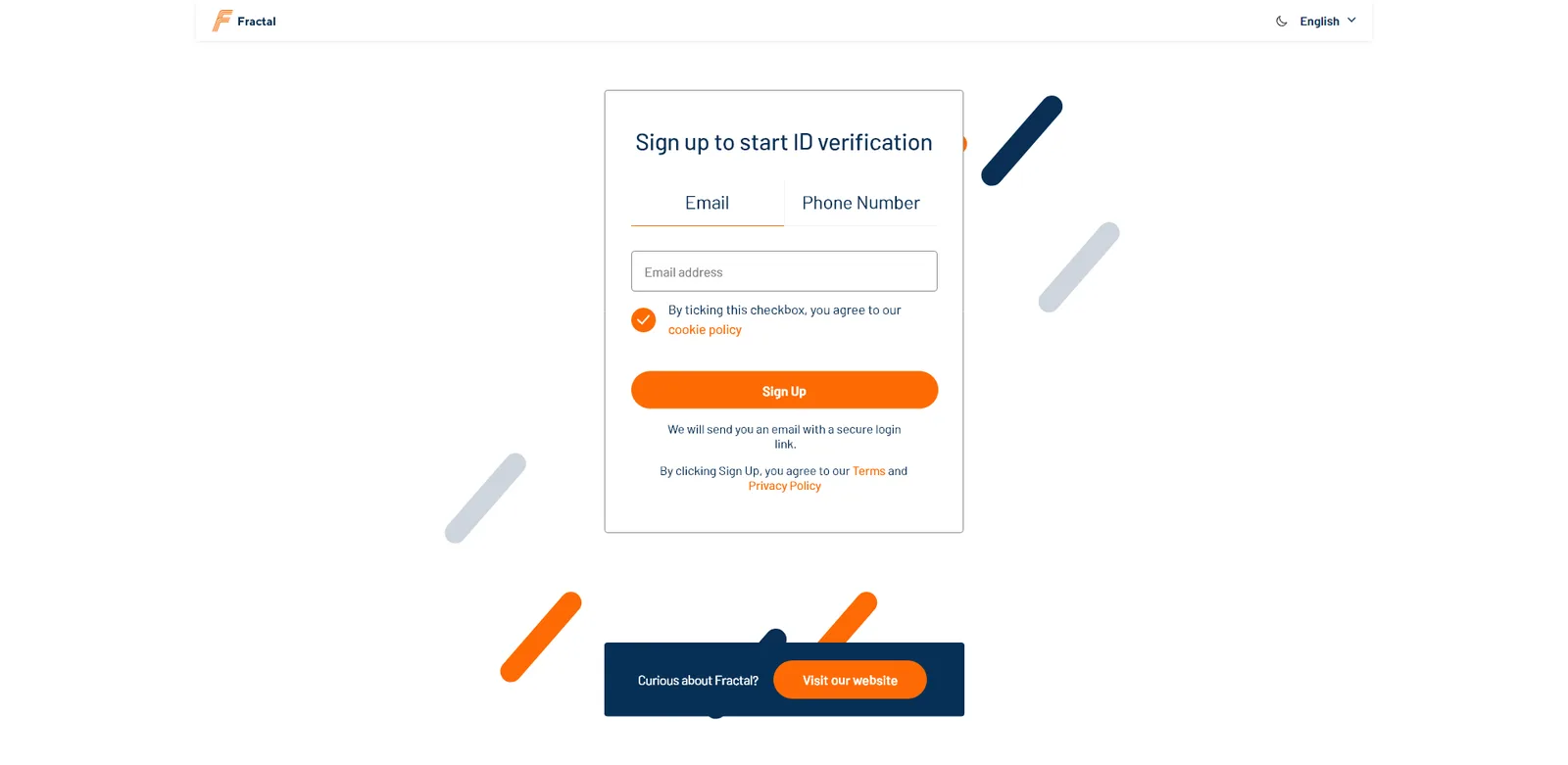 Fractal sign-up screen to start ID verification, with email and phone options