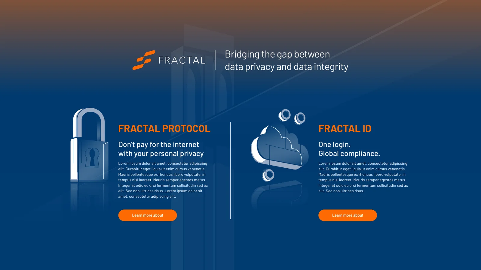 Fractal marketing site explaining two products side by side: Fractal Protocol for data privacy and Fractal ID for identity and compliance