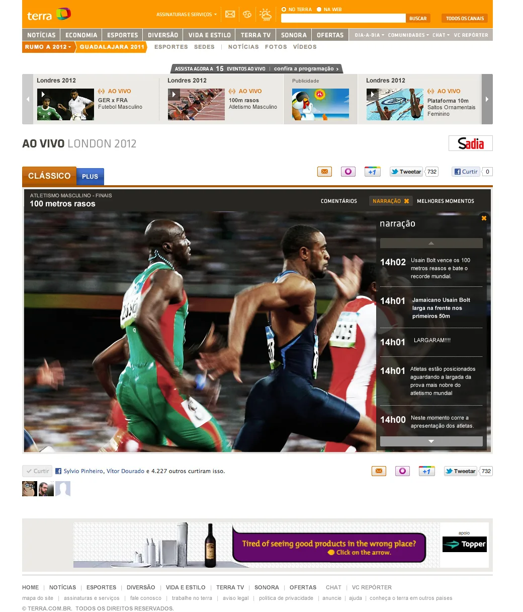 Terra Live Plus player: men's 100m final with a real-time commentary timeline