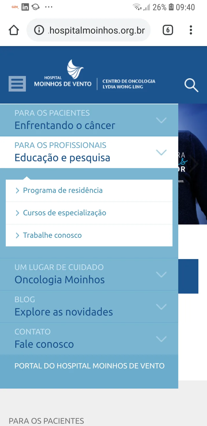 Hospital menu on mobile